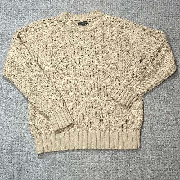 Men's L.L.Bean Signature Cotton Chunky Cable Knit Fisherman Sweater Beige Medium - Picture 6 of 13